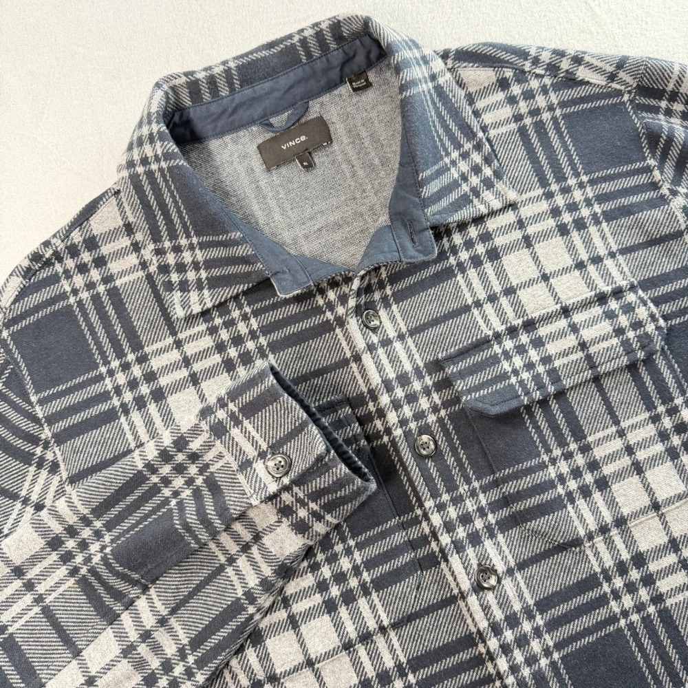 Vince Plaid Flannel Shirt Mens XL Grey Navy Blue Long Sleeve Button-down